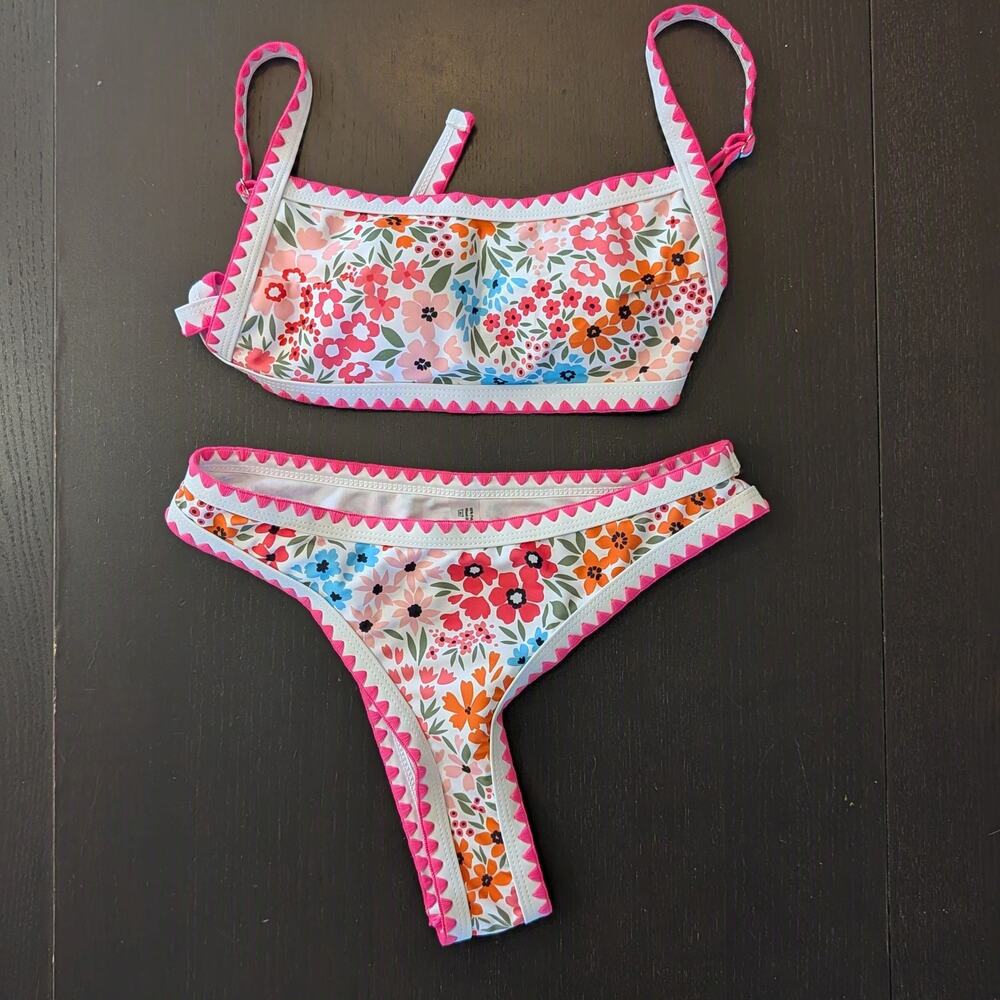 Floral Bikini Set Small Embroidered Scallop Trim Pink Swimwear